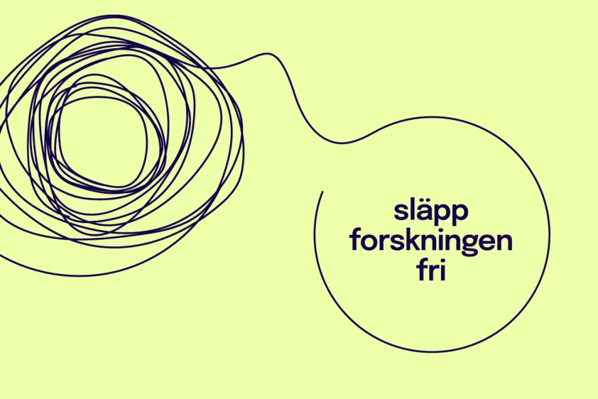 En bild med ljusgul bakgrund och texten ”släpp forskningen fri" i blått.
