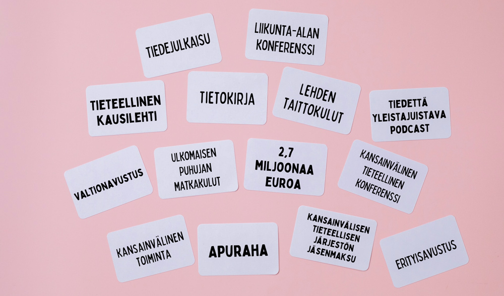 Muistilappuja, joihin kirjoitettu avustuksiin liittyviä asioita, esim. apuraha, lehden taittokulut, tieteellinen kausijulkaisu ja tietokirja.