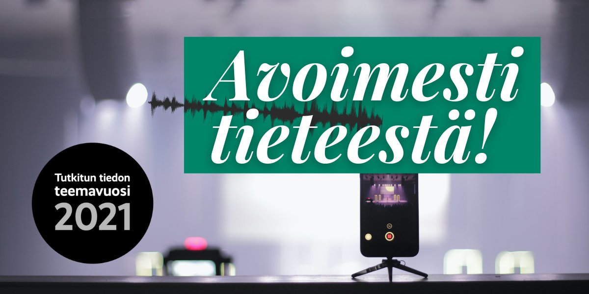 Avoimesti tieteestä! -podcastin tunnuskuva, jossa nauhuri ja päällä logo.