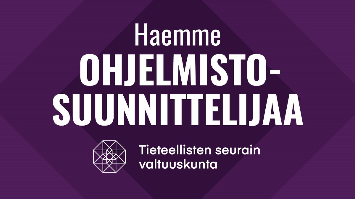Teksti "Haemme ohjelmistosuunnittelijaa" ja Tieteellisten seurain valtuuskunnan logo.