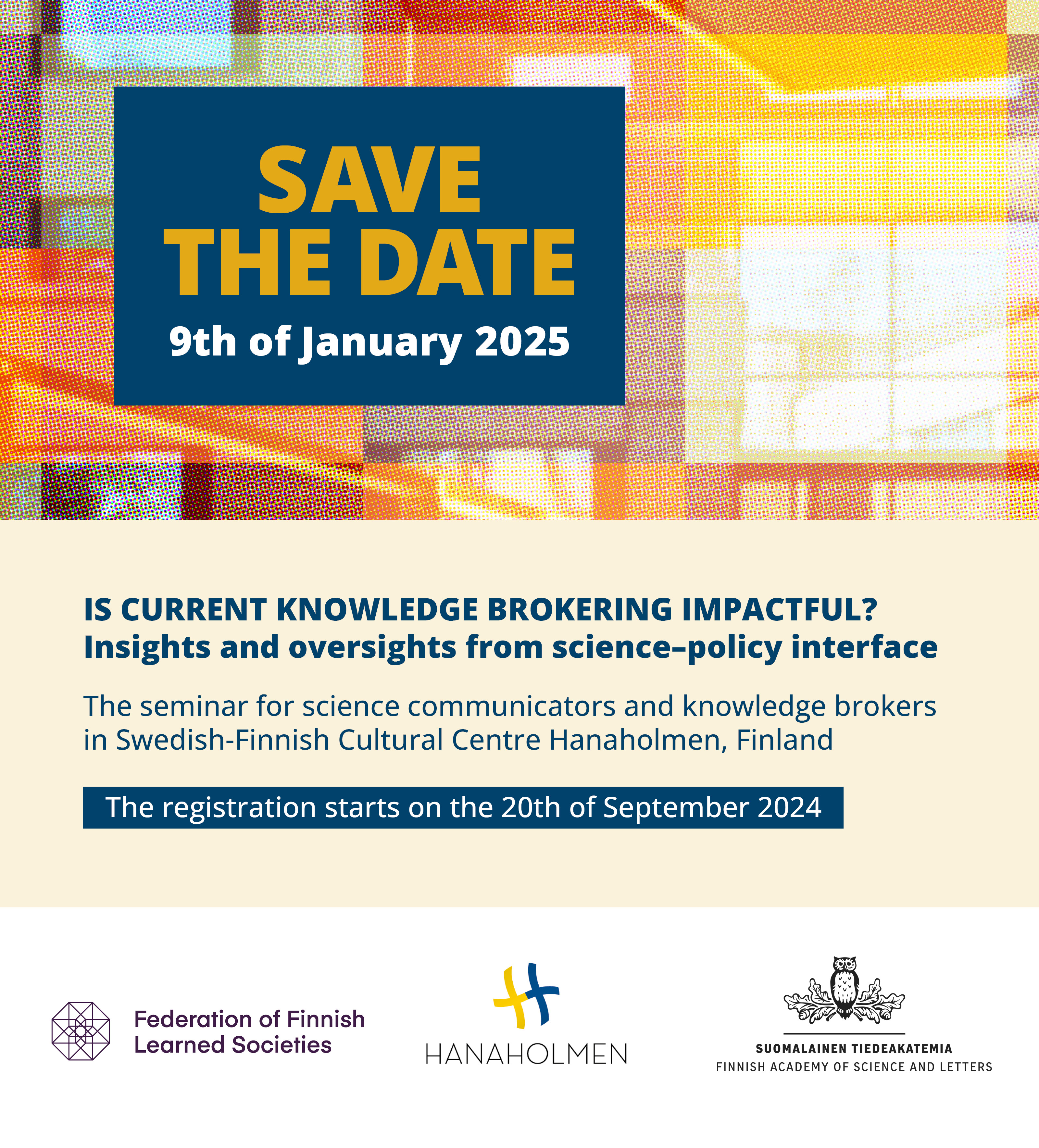 In the photo, a decorative picture in an apartment building on a yellow-orange background. On top of the blue box it says save the date in yellow.
