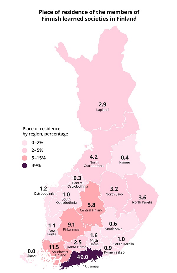 The map shows the distribution of the members of Finnish learned societies among the regions of Finland by place of residence.