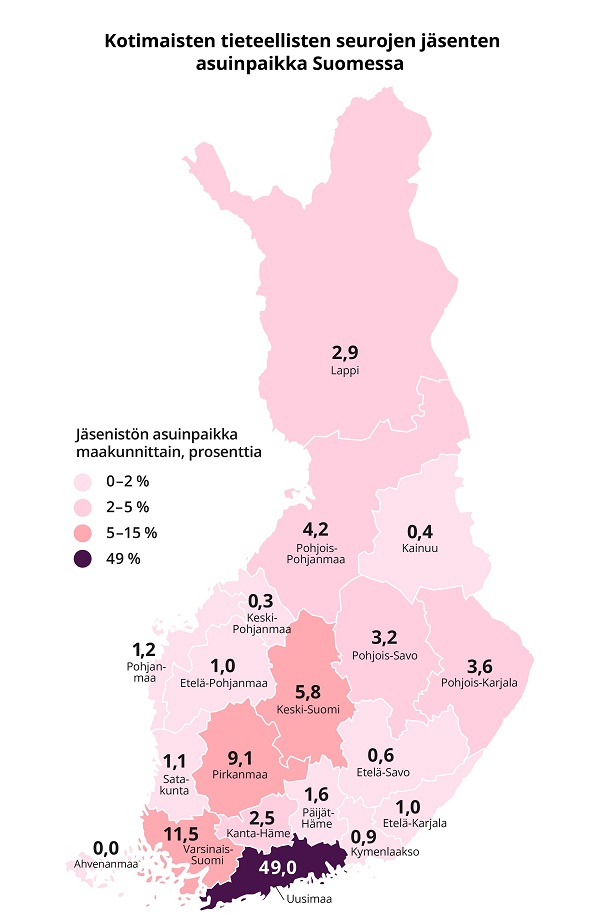 Kartta esittää kotimaisten tieteellisten seurojen jäsenten jakautumisen Suomen maakuntiin asuinpaikan mukaan.