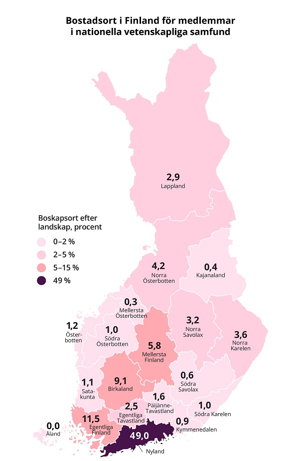 Kartan illustrerar fördelningen av medlemmar i nationella samfund i landskapen i Finland enligt bostadsort.