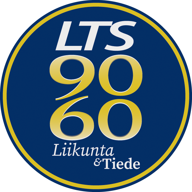 Ympyrän sisällä teksti "LTS 90, 60 Liikunta ja Tiede".