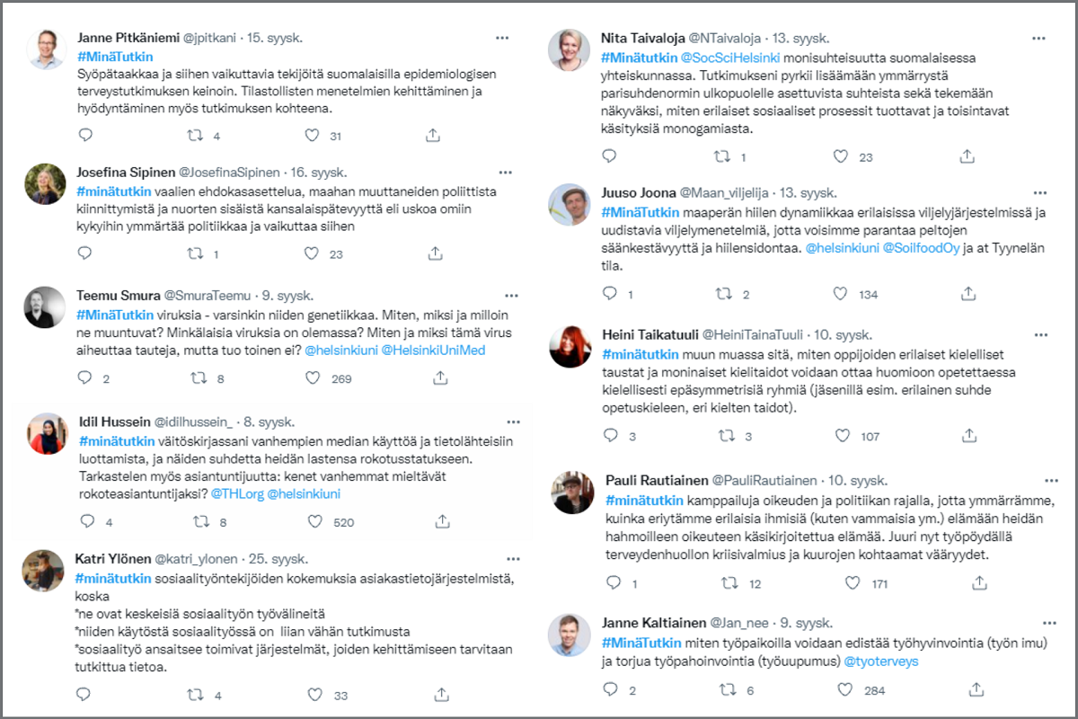 Kuvakaappauksia Twitteristä, jossa minätutkin-aihetunnistetta on käytetty-