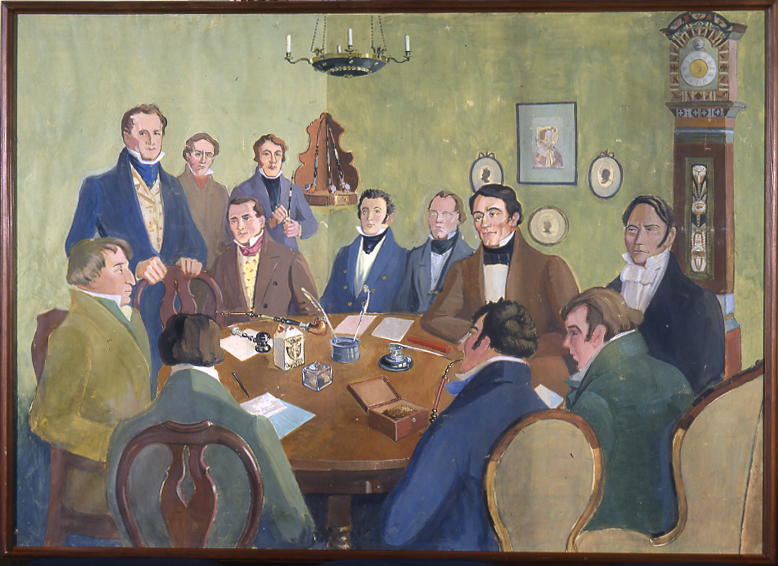 Akvarelli vuodelta 1931. Maalauksessa kuvattuna Suomalaisen Kirjallisuuden Seuran perustava kokous. Miehiä istumassa pöydän ympärillä.