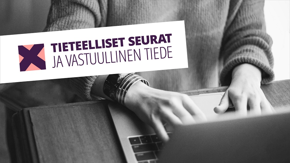 Henkilö tietokoneella ja teksti "Tieteelliset seurat ja vastuullinen tiede".