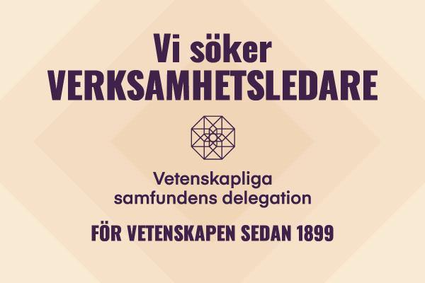 Text "Vi söker verksamhetsledare", Vetenskapliga samfundens delegations logo och text "För vetenskapen sedan 1899".
