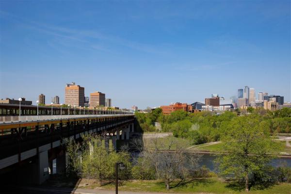 View from city of Minnesota, buildings, bridge and trees