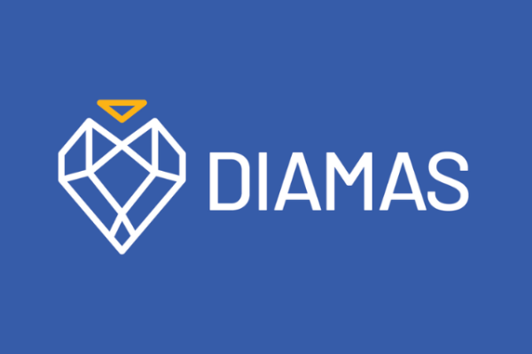 Sinisellä taustalla valkoisella teksti Diamas ja kuva timantista. 