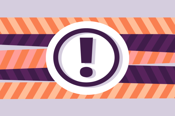 Cirkel med utropstecken på orange-lila bakgrund.