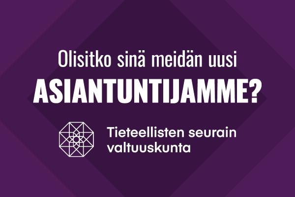 Liilansävyistä taustaa vasten teksti olisitko sinä uusi asiantuntijamme. 