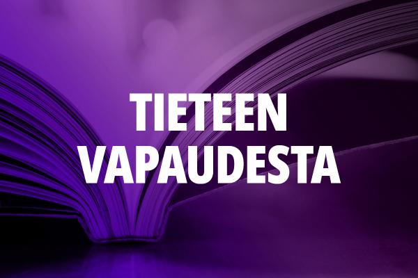 Koristeellinen liilapohjainen kuva avonaisesta kirjasta, jonka päällä on valkoisella teksti Tieteen vapaudesta