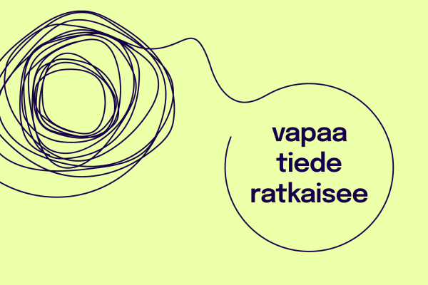 Keltaisella taustalla tumman sinisellä teksti vapaa tiede ratkaisee. Tekstin ympärille on kietoutunut ohut viiva. 