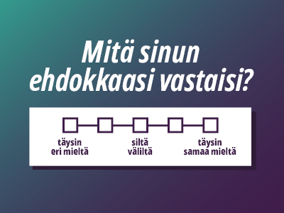 Teksti: "Mitä sinun ehdokkaasi vastaisi?" ja alapuolella viisikohtainen valikko, jonka toisessa laidassa teksti "täysin eri mieltä" ja toisessa päädyssä "täysin samaa mieltä".