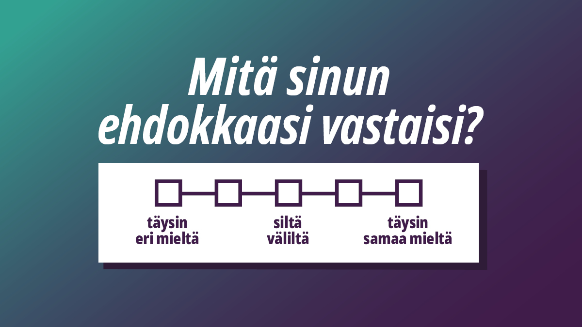 Teksti: "Mitä sinun ehdokkaasi vastaisi?" ja alapuolella viisikohtainen valikko, jonka toisessa laidassa teksti "täysin eri mieltä" ja toisessa päädyssä "täysin samaa mieltä".