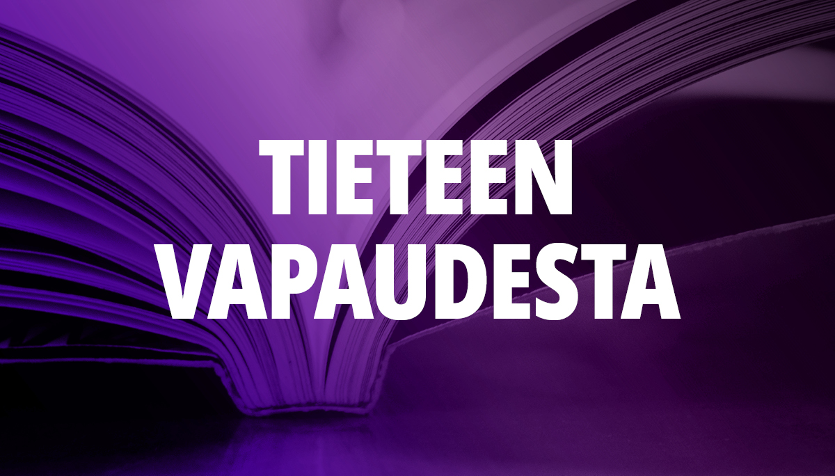 Koristeellinen liilapohjainen kuva avoimesta kirjasta, jonka päällä teksti Tieteen vapaudesta.