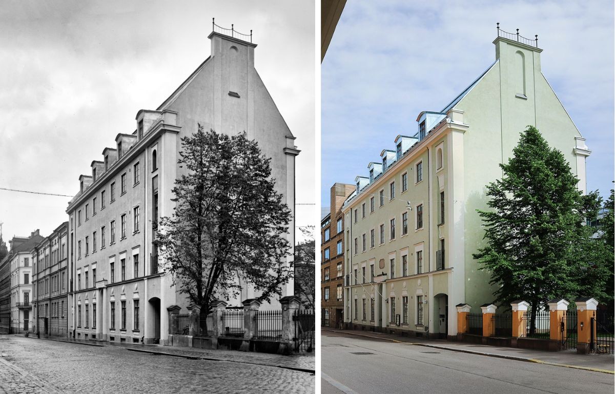 Kaksi samanlaista kuvaa samasta vaaleanvihreästä rakennuksesta, toinen mustavalkoinen, toinen värillinen.