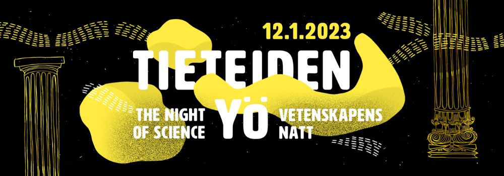 Tieteiden yön graafinen kuvitus: musta tausta, keltaisia pilviä, tähdenlentoja ja pylväitä sekä teksti Tieteiden yö 12.1.2023.
