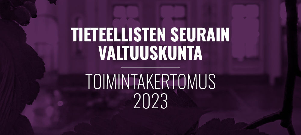 Kuvassa TSV:n logo ja teksti toimintakertomus 2023 valkoisella liilaa taustaa vasten. 