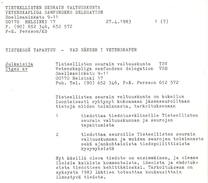 Kuva Tieteessä tapahtuu -lehden ensimmäisestä numerosta vuodelta 1983. Teksti on kirjoitettu kirjoituskoneella.